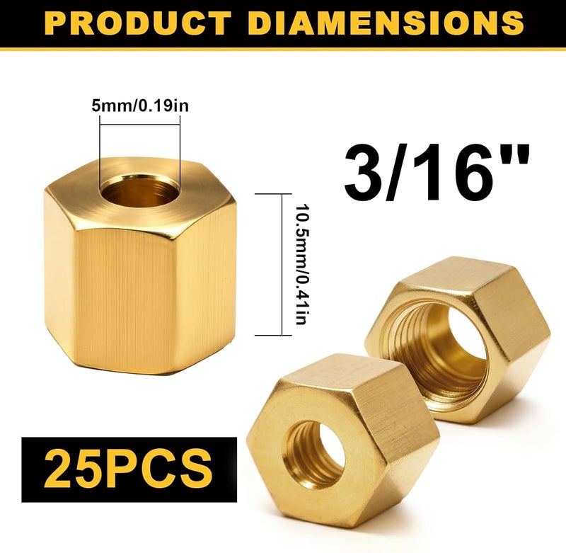 Siptenk 25PCS 3/16" Brass Compression Nuts, Brass Compression Fitting for Air Brake Lines, Water, Oil, Fuel Inert Gases Plumbing System - Image 2